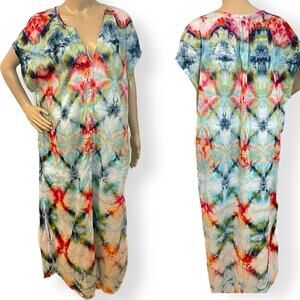 Hand tie dyed shibori maxi dress caftan swim cover XL